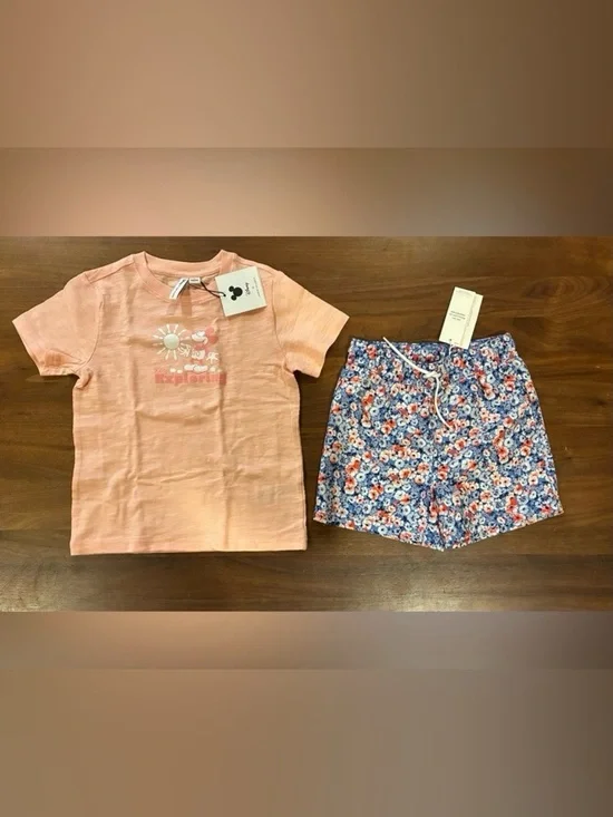NWT- Janie and Jack Mickey T-Shirt and Floral Shorts Set - Picture 3 of 6